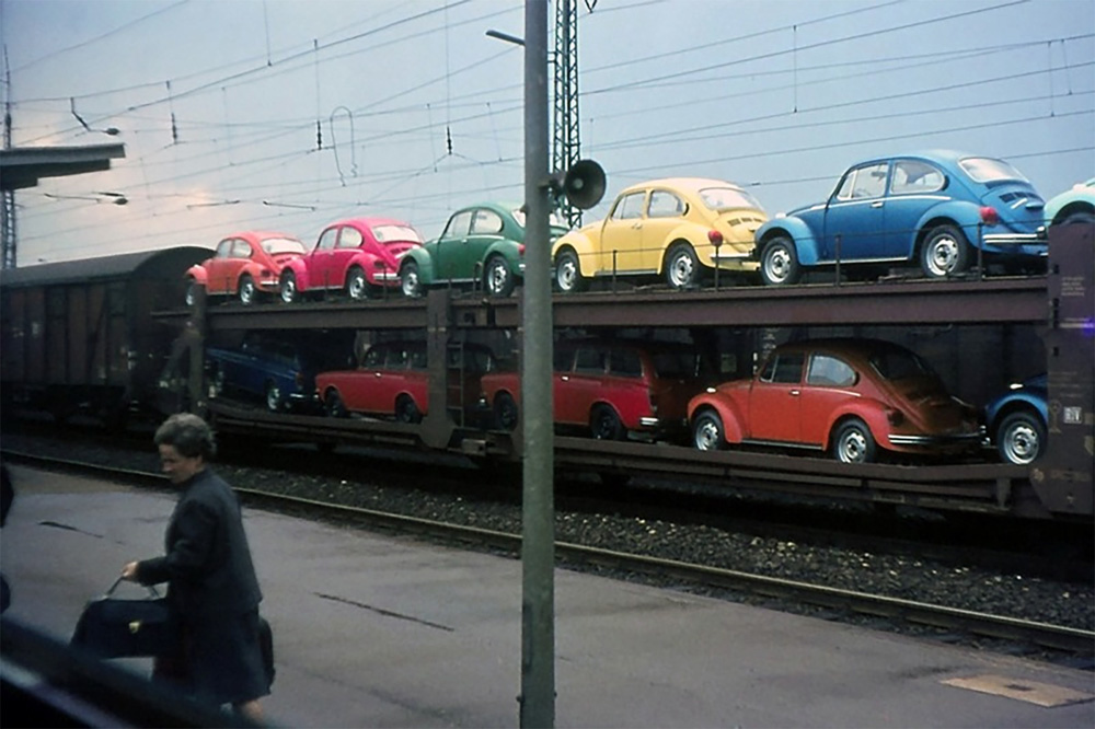 A train car with 1303 Beetles and 1600 Variants at the train station in Heidelberg, Germany. This photography is dated 1972, which means that it was taken during the last few months of the year