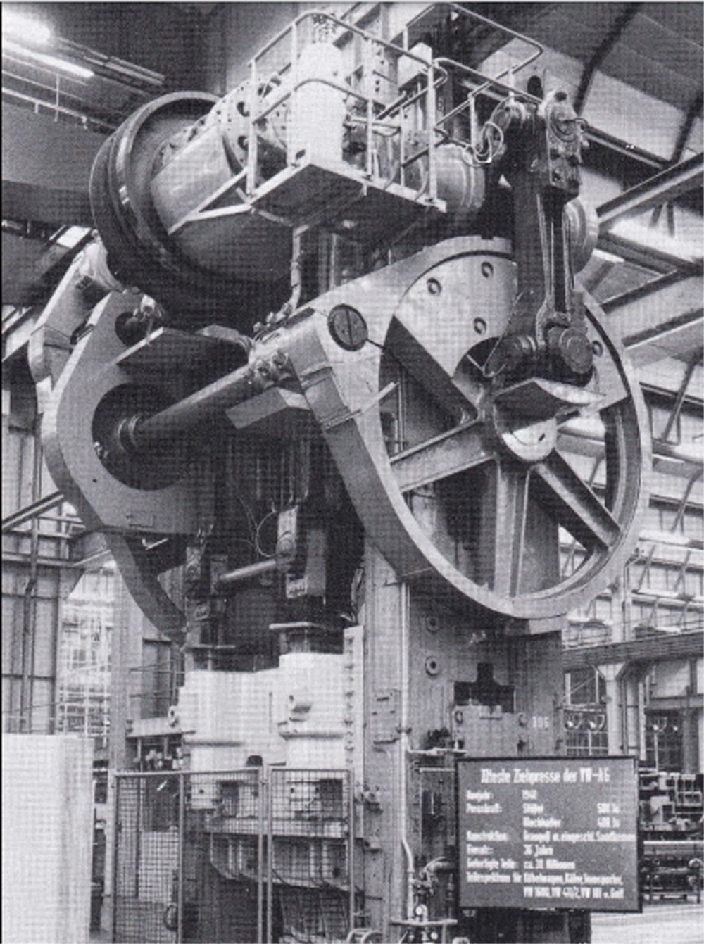 A cast-iron witness to the beginnings of car production at Wolfsburg still survives in the vast Presswerk at the Volkswagen factory today. During its 36 years of service, it produced around 30 million individual parts  first for the K&uuml;belwagen, then for the Beetle, the Super Beetle, the VW 1600 - right up to the Golf. 800 pieces per shift